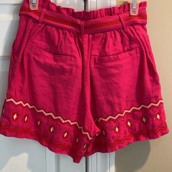 LOFT Linen Aztec High Waisted Belted Paper Bag Embroidered Shorts Pink Red White - Picture 7 of 13
